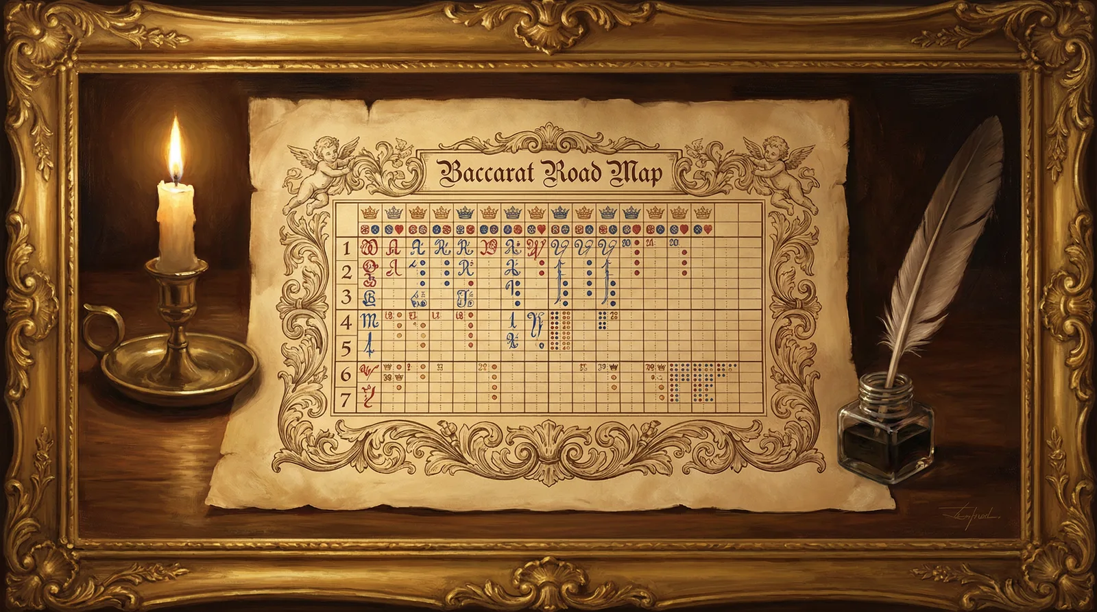 巅峰国际百家乐路单分析攻略古典羊皮纸风格插画
